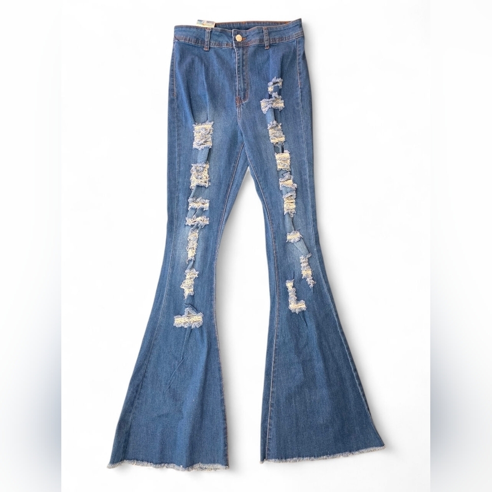 Distressed Bell Bottom Flare Jeans Women’s Size L NWT 70s Y2K Boho Festival